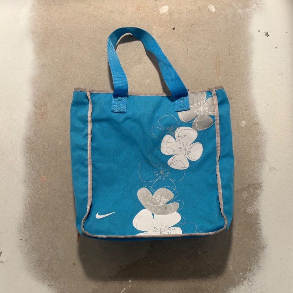 Nike Floral Canvas Tote Bag Turquoise Blue White Silver Flowers Beach Gym Bag
